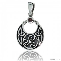 Sterling Silver Round Celtic Pendant w/ Single Red CZ, w/ 18" Thin Box Chain