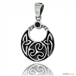 Sterling Silver Round Celtic Pendant w/ Single Black CZ, w/ 18" Thin Box Chain