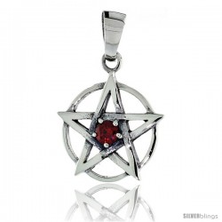 Sterling Silver Pentagram Pendant w/ Single Red CZ, w/ 18" Thin Box Chain