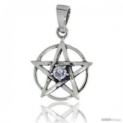 Sterling Silver Pentagram Pendant w/ Single Clear CZ, w/ 18" Thin Box Chain