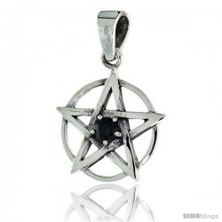 Sterling Silver Pentagram Pendant w/ Single Black CZ, w/ 18" Thin Box Chain