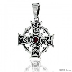 Sterling Silver Celtic Cross Pendant w/ Single Red CZ, w/ 18" Thin Box Chain