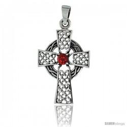 Sterling Silver Celtic High Cross Pendant w/ Single Red CZ, w/ 18" Thin Box Chain