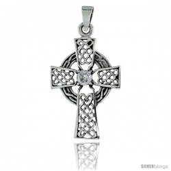 Sterling Silver Celtic High Cross Pendant w/ Single Clear CZ, w/ 18" Thin Box Chain