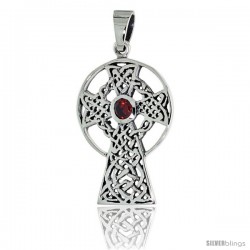 Sterling Silver Celtic High Cross Pendant w/ Single Red CZ, w/ 18" Thin Box Chain -Style Pcz1016