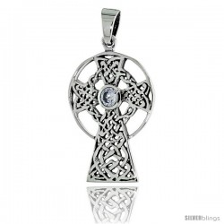 Sterling Silver Celtic High Cross Pendant w/ Single Clear CZ, w/ 18" Thin Box Chain -Style Pcz1017