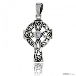 Sterling Silver Trinity Celtic Cross Pendant w/ Single Clear CZ, w/ 18" Thin Box Chain