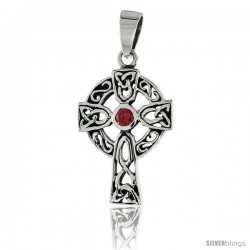 Sterling Silver Trinity Celtic Cross Pendant w/ Single Red CZ, w/ 18" Thin Box Chain