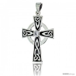 Sterling Silver Presbyterian Trinity Celtic Cross Pendant w/ Single Clear CZ, w/ 18" Thin Box Chain