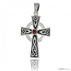 Sterling Silver Presbyterian Trinity Celtic Cross Pendant w/ Single Red CZ, w/ 18" Thin Box Chain