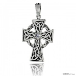 Sterling Silver Trinity Celtic High Cross Pendant w/ Single Clear CZ, w/ 18" Thin Box Chain