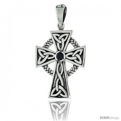 Sterling Silver Trinity Celtic High Cross Pendant w/ Single Black CZ, w/ 18" Thin Box Chain