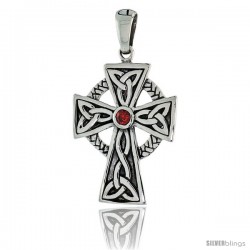 Sterling Silver Trinity Celtic High Cross Pendant w/ Single Red CZ, w/ 18" Thin Box Chain