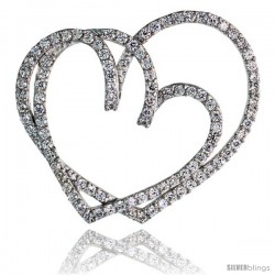 Sterling Silver Double Heart Slider Pendant w/ Pave CZ Stones, 1 3/8" (35 mm) tall