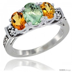 14K White Gold Natural Green Amethyst & Citrine Ring 3-Stone Oval with Diamond Accent