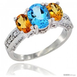 14k White Gold Ladies Oval Natural Swiss Blue Topaz 3-Stone Ring with Citrine Sides Diamond Accent