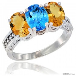 14K White Gold Natural Swiss Blue Topaz & Citrine Sides Ring 3-Stone 7x5 mm Oval Diamond Accent