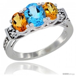 14K White Gold Natural Swiss Blue Topaz & Citrine Ring 3-Stone Oval with Diamond Accent