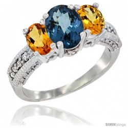14k White Gold Ladies Oval Natural London Blue Topaz 3-Stone Ring with Citrine Sides Diamond Accent