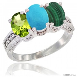 10K White Gold Natural Peridot, Turquoise & Malachite Ring 3-Stone Oval 7x5 mm Diamond Accent