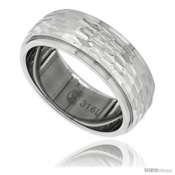 Surgical Steel Domed 8mm Wedding Band Ring Hammered Finish Recessed Edges