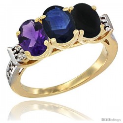 10K Yellow Gold Natural Amethyst, Blue Sapphire & Black Onyx Ring 3-Stone Oval 7x5 mm Diamond Accent