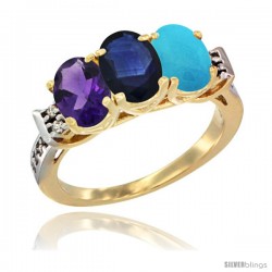 10K Yellow Gold Natural Amethyst, Blue Sapphire & Turquoise Ring 3-Stone Oval 7x5 mm Diamond Accent