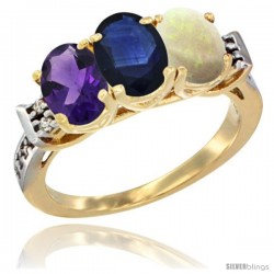 10K Yellow Gold Natural Amethyst, Blue Sapphire & Opal Ring 3-Stone Oval 7x5 mm Diamond Accent