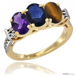 10K Yellow Gold Natural Amethyst, Blue Sapphire & Tiger Eye Ring 3-Stone Oval 7x5 mm Diamond Accent