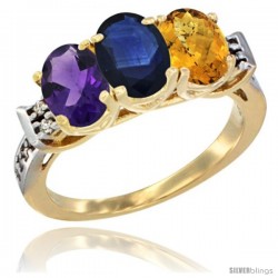 10K Yellow Gold Natural Amethyst, Blue Sapphire & Whisky Quartz Ring 3-Stone Oval 7x5 mm Diamond Accent