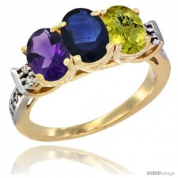 10K Yellow Gold Natural Amethyst, Blue Sapphire & Lemon Quartz Ring 3-Stone Oval 7x5 mm Diamond Accent