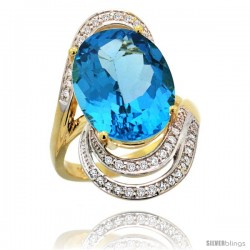 14k Gold Natural Swiss Blue Topaz Ring 16x12 mm Oval Shape Diamond Halo, 1 in