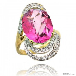 14k Gold Natural Pink Topaz Ring 16x12 mm Oval Shape Diamond Halo, 1 in