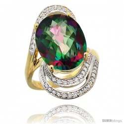 14k Gold Natural Mystic Topaz Ring 16x12 mm Oval Shape Diamond Halo, 1 in