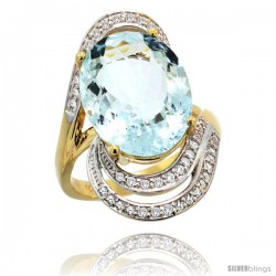 14k Gold Natural Aquamarine Ring 16x12 mm Oval Shape Diamond Halo, 1 in