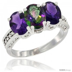 14K White Gold Natural Mystic Topaz & Amethyst Ring 3-Stone 7x5 mm Oval Diamond Accent