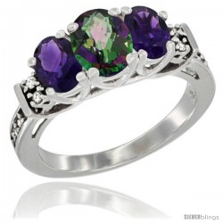 14K White Gold Natural Mystic Topaz & Amethyst Ring 3-Stone Oval with Diamond Accent