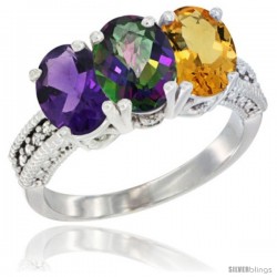 14K White Gold Natural Amethyst, Mystic Topaz & Citrine Ring 3-Stone 7x5 mm Oval Diamond Accent