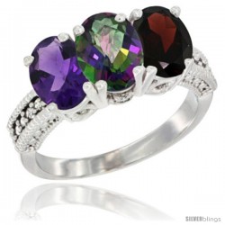 14K White Gold Natural Amethyst, Mystic Topaz & Garnet Ring 3-Stone 7x5 mm Oval Diamond Accent