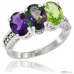 14K White Gold Natural Amethyst, Mystic Topaz & Peridot Ring 3-Stone 7x5 mm Oval Diamond Accent