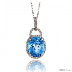 14k White Gold 18" Chain & 7/8" (23mm) tall Blue Topaz Pendant, w/ 0.15 Carat Brilliant Cut Diamonds & 4.70 Carats 11x9mm Oval