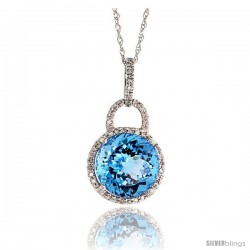 14k White Gold 18" Chain & 7/8" (23mm) tall Blue Topaz Pendant, w/ 0.12 Carat Brilliant Cut Diamonds & 4.96 Carats 10mm