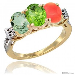 10K Yellow Gold Natural Green Amethyst, Peridot & Coral Ring 3-Stone Oval 7x5 mm Diamond Accent