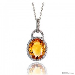 14k White Gold 18" Chain & 7/8" (23mm) tall Citrine Pendant, w/ 0.15 Carat Brilliant Cut Diamonds & 4.70 Carats 11x9mm Oval Cut