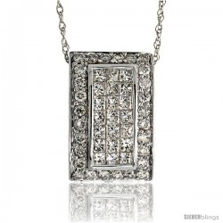 14k White Gold 18" Chain & 5/8" (16mm) tall Rectangular Diamond Pendant Slide, w/ 1.10 Carats Brilliant Cut & Invisible Set