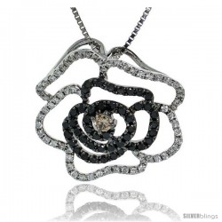 14k White Gold 18" Box Chain & 3/4" (19mm) tall Flower Diamond Pendant, w/ 0.70 Carat Brilliant Cut White, Black & Fancy Brown