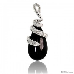 14k White Gold 1 3/16" (30mm) tall Teardrop Onyx Pendant, w/ 0.19 Carat Brilliant Cut Diamonds