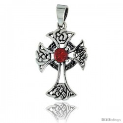 Sterling Silver Celtic Cross Pendant w/ Single Red CZ, w/ 18" Thin Box Chain -Style Pcz1030