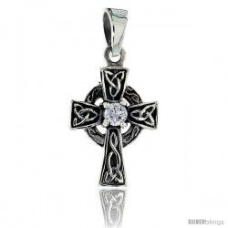 Sterling Silver Small Trinity Celtic Cross Pendant w/ Single Clear CZ, w/ 18" Thin Box Chain