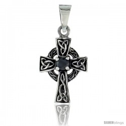 Sterling Silver Small Trinity Celtic Cross Pendant w/ Single Black CZ, w/ 18" Thin Box Chain